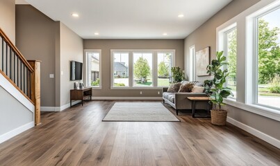 Obraz premium Natural light floods through the windows highlighting the warm tones of the LVT flooring and the natural wood elements in the room