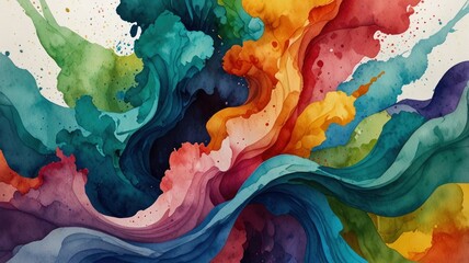 Abstract watercolor painting of vibrant, swirling colors creating a dynamic, fluid composition.