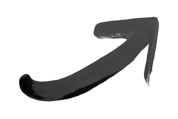 Hand drawn black diagonal right arrow made from watercolor gouache brush strokes isolated on white...
