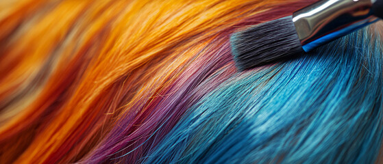 Fototapeta premium Vibrant Rainbow Hair Color Application with Paintbrush Closeup