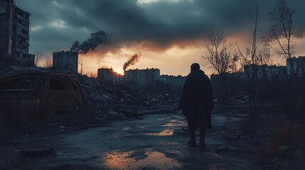 Fototapeta premium Post-Apocalyptic Urban Scene with Lone Figure and Smoke-Filled Sky