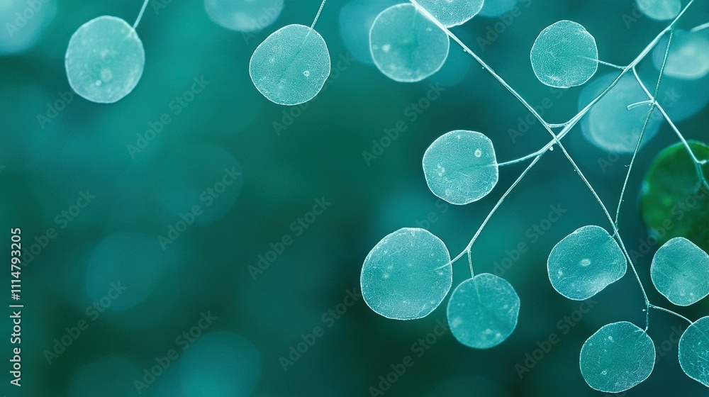 Poster a macro shot of numerous foliage clusters on a limb with dewdrops glistening on them, accompanied by