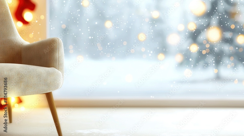 Poster a chair is positioned in front of a window that has a christmas tree in its sill
