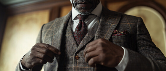 Elegant Man Adjusting His Tweed ThreePiece Suit Jacket