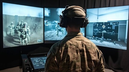 Fototapeta premium Soldier simulates combat using immersive displays.