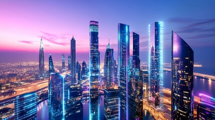 Obraz premium Futuristic city skyline at dusk, illuminated glass skyscrapers reflecting sunset colors, faint neon lights below, soft purple haze