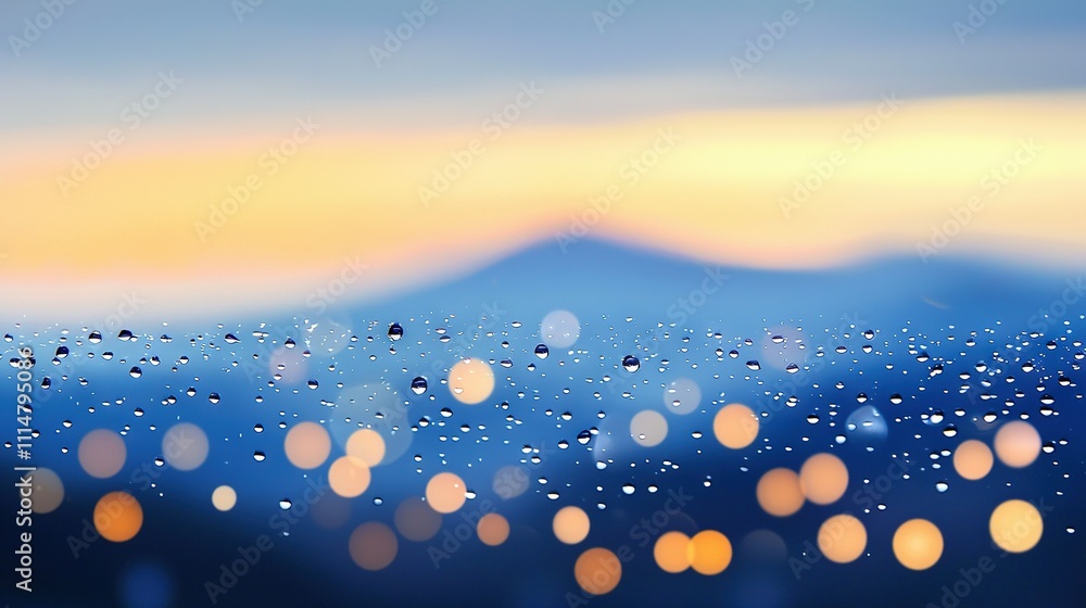 Poster a clear picture of raindrops on a window with a mountain in the background in the foreground