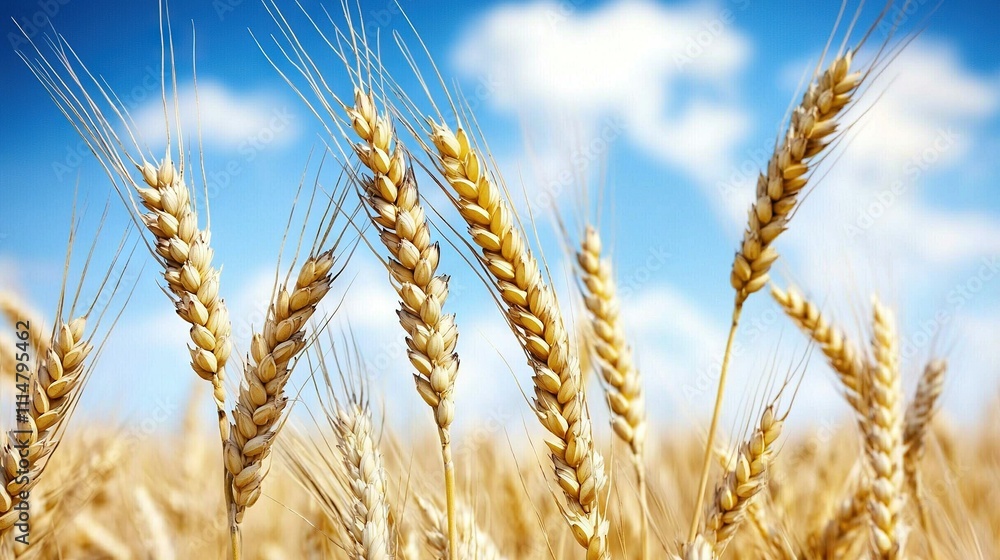 Poster a wheat field in sharp focus with a vibrant blue sky and fluffy white clouds in the background