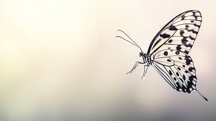   A close-up of a butterfly flying in the air with its wings spread open and eyes open