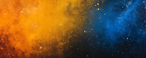 Vibrant grainy background, abstract yellow blue orange color gradient shape, black backdrop noise texture dark banner header poster design, copy space