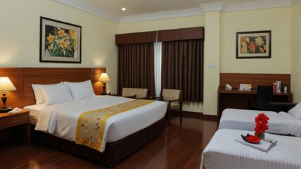 Spacious hotel room with king bed, twin beds, and work desk.