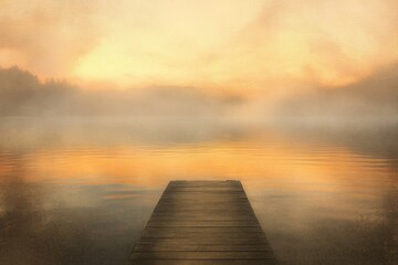Serene dock at sunrise over misty lake waters. Generative AI