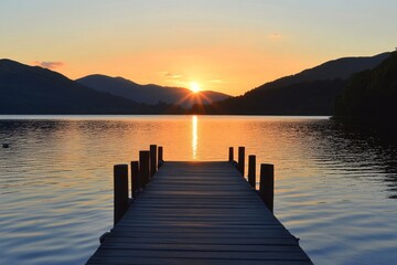 Fototapeta premium Sunrise over tranquil lake with wooden pier at dawn. Generative AI