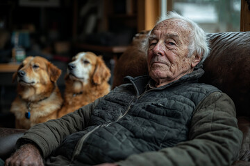 Elderly man with two loyal golden retrievers in cozy home
