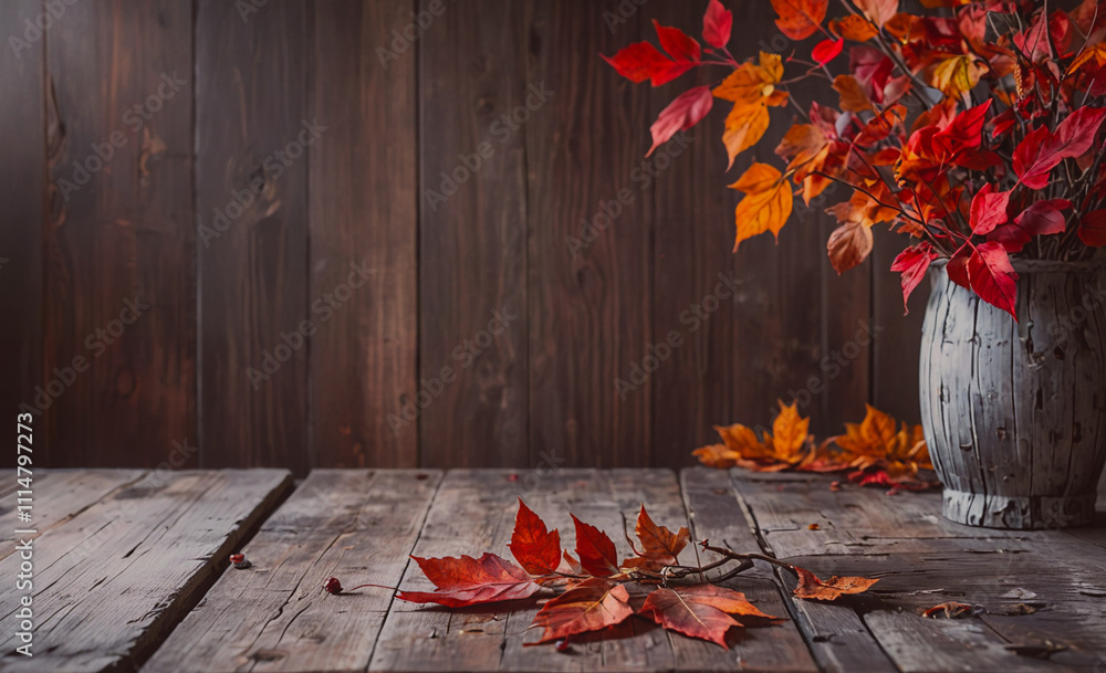 Poster beautiful vase filled with red leaves is placed on a wooden table. the leaves are spread out around 