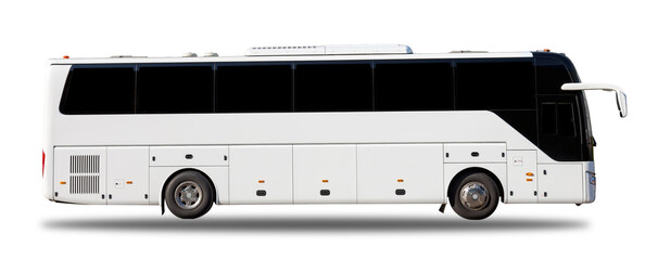 White big tour tourism bus isolated on white background. Side view of big city bus