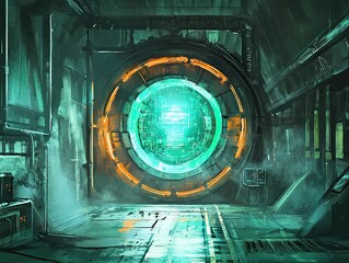 Obraz premium Futuristic portal, teal and orange, industrial setting.