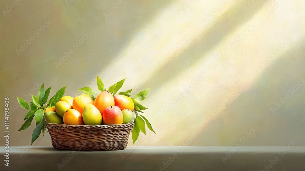Poster a wicker basket brimming with an array of fruits resting atop a table adjacent to a pale-colored wal