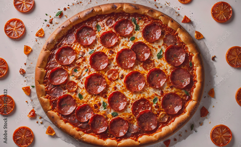Poster pizza with pepperoni on it. the pizza is on a white background. there are oranges on the background