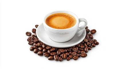 Fototapeta premium Steaming espresso in a white cup, resting on a saucer surrounded by coffee beans, warm morning light reflecting off the glossy surface, isolated on white