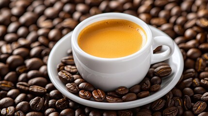 Fototapeta premium Steaming espresso in a white cup, resting on a saucer surrounded by coffee beans, warm morning light reflecting off the glossy surface, isolated on white