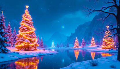 Magical winter scene with multiple Christmas trees illuminated with warm lights, standing tall in a snowy landscape near a frozen river under a starry night sky.