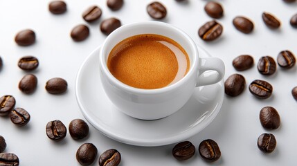 Fototapeta premium Steaming espresso in a white cup, resting on a saucer surrounded by coffee beans, warm morning light reflecting off the glossy surface, isolated on white