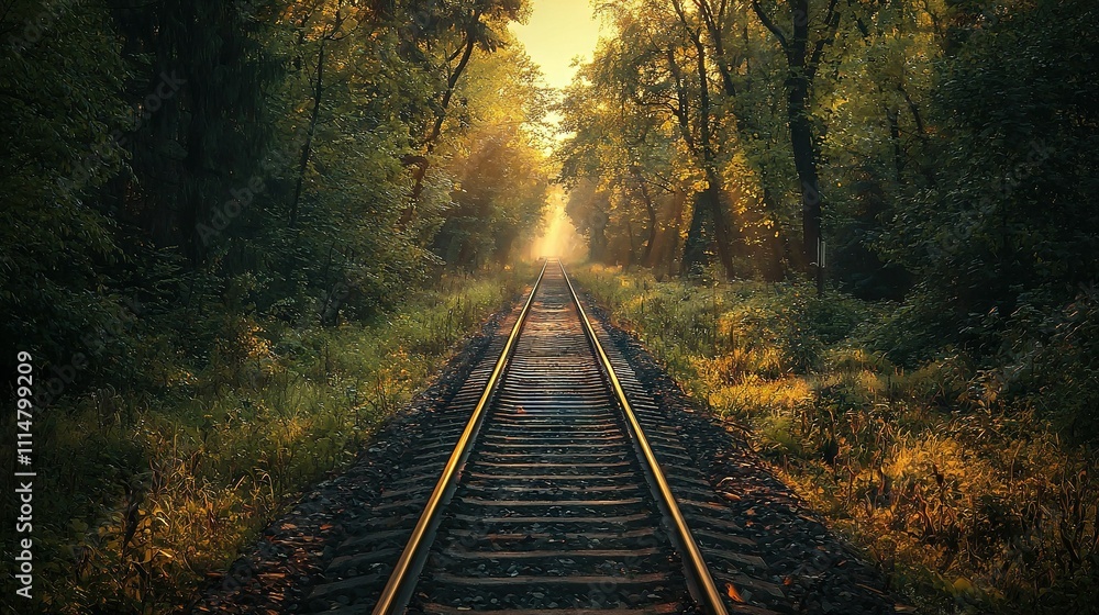 Poster a track through forest with trees on either side and light at end