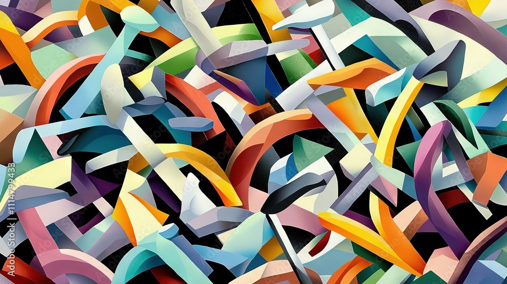 Poster   A collection of diverse colored items forms a series of curved shapes on a black background