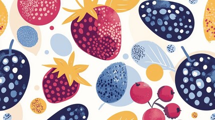   Patterned strawberries & cherries on white w/ blue, yellow, red, orange hues