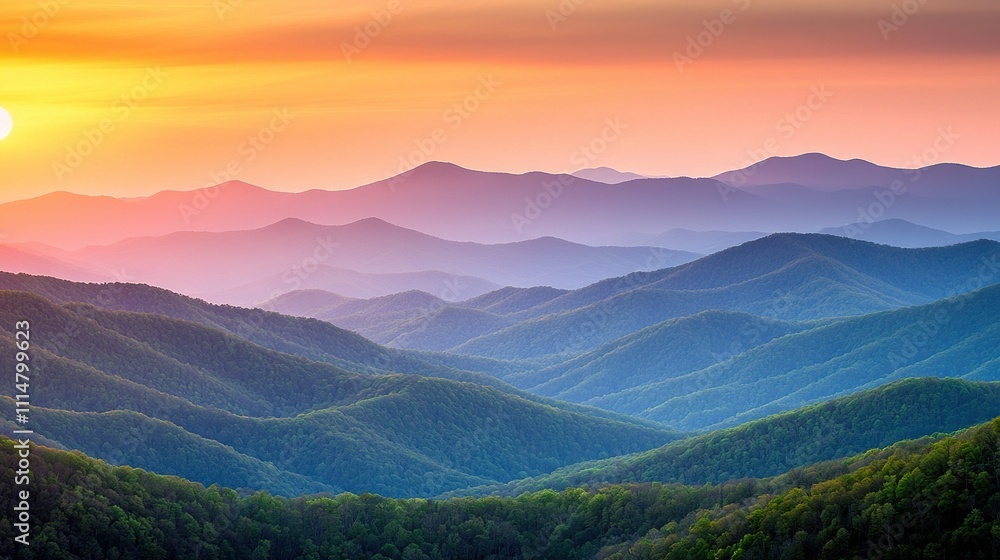 Poster the sun is setting over the mountains in a valley, with trees in the foreground and a hazy sky in th