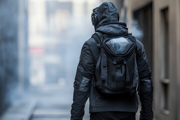 Hooded figure, backpack, headphones, urban setting, vapor.