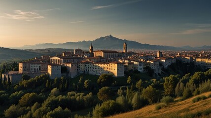 Fototapeta premium Panoramic view of historic town nestled in valley at sunset, mountains in background.