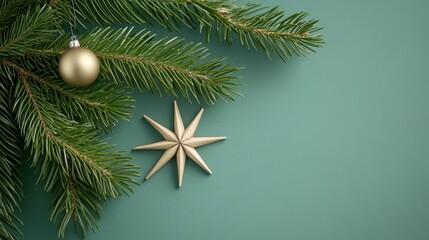 Celebrating the holiday spirit golden ornament and star on evergreen branch festive decoration cozy atmosphere elegant viewpoint