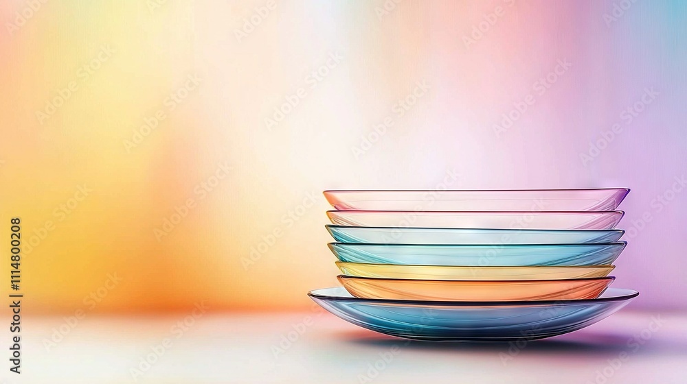 Poster a set of glass bowls stacked on top of one another resting on a table amidst a hazy backdrop