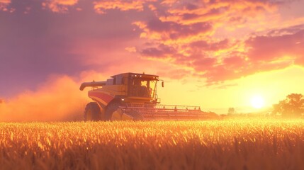 Fototapeta premium Harvesting wheat at sunset with a combine in a golden field under dramatic skies