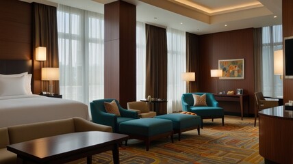 Luxurious hotel suite with king bed, seating area, and large windows.