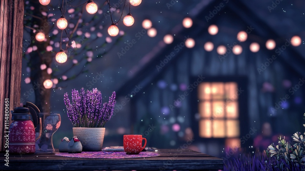 Poster a table topped with two cups and a vase filled with purple flowers next to a window filled with hang