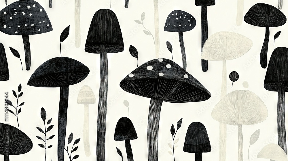 Poster the image features a white background with a pattern of black and white mushrooms and leaves there i