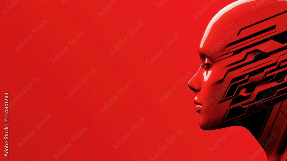 Poster futuristic red android profile with geometric patterns on a vibrant background, ai