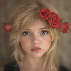 Naklejka premium Una niña rubia, con varias rosas en el cabello