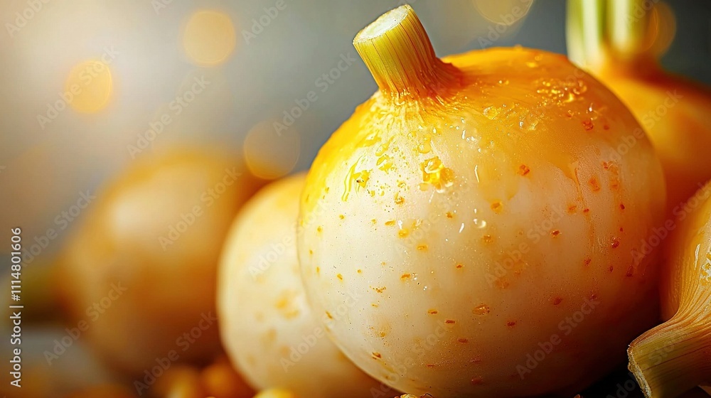 Poster a cluster of onions resting beside one another atop a mound of corn kernels on a table surface
