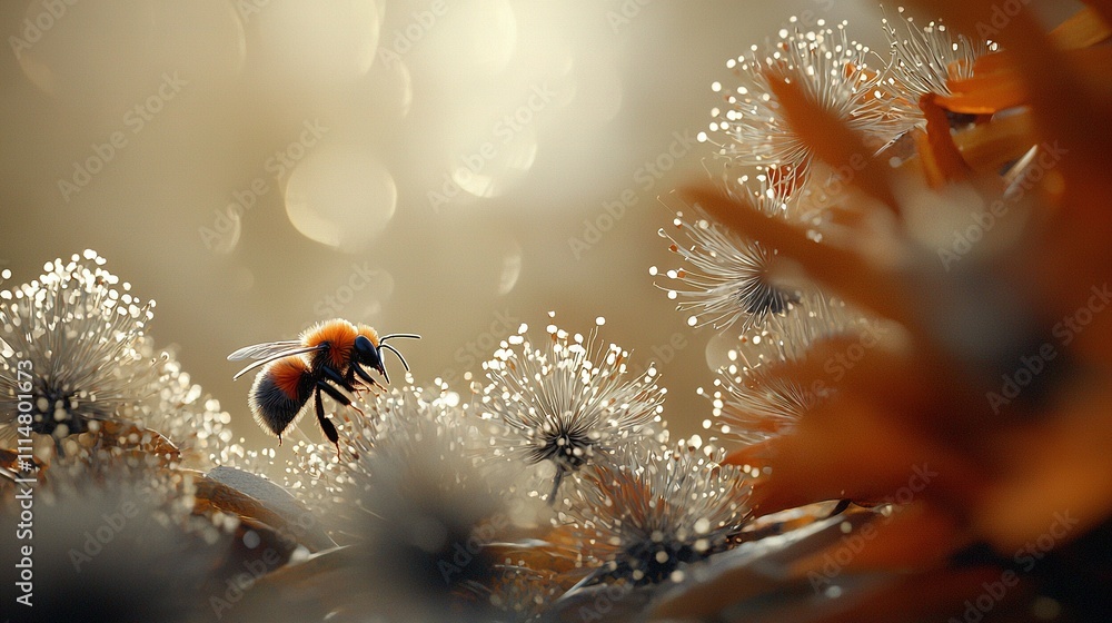 Poster a close-up of a flower with a bee buzzing in its center and a hazy background behind it