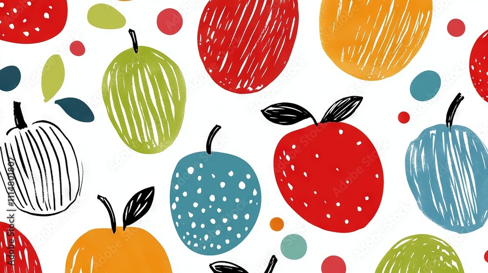 Poster group of apples on white background with circles and dots beneath