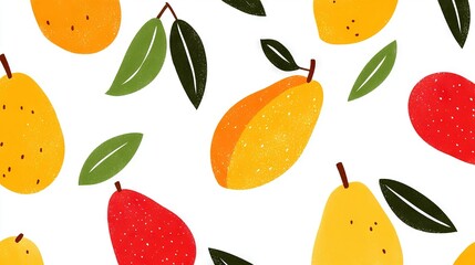 Obraz premium Oranges, pears, and apples patterned with green leaves on a white background