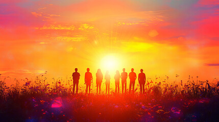 Fototapeta premium A silhouette of eight peoples during sunset golden hour showing togetherness
