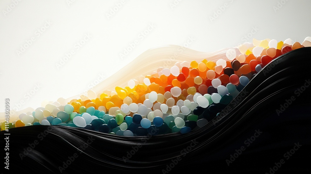 Poster a colorful array rests atop a dark platform against a white backdrop