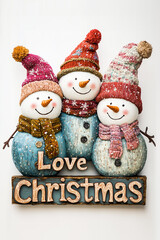 Trzy ilustrowane bałwanki i napis Love Christmas © Silent26