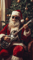 Fototapeta premium Święty Mikołaj gra na gitarze elektrycznej przy choince
