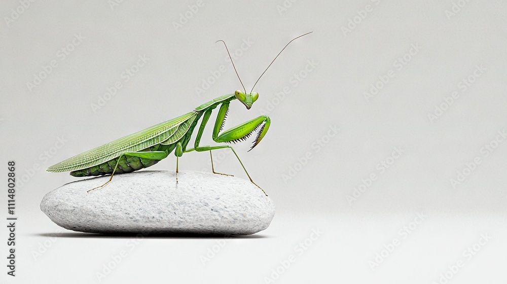 Poster a focused image of a praying mantis on a stone against a clean background with soft gray tones